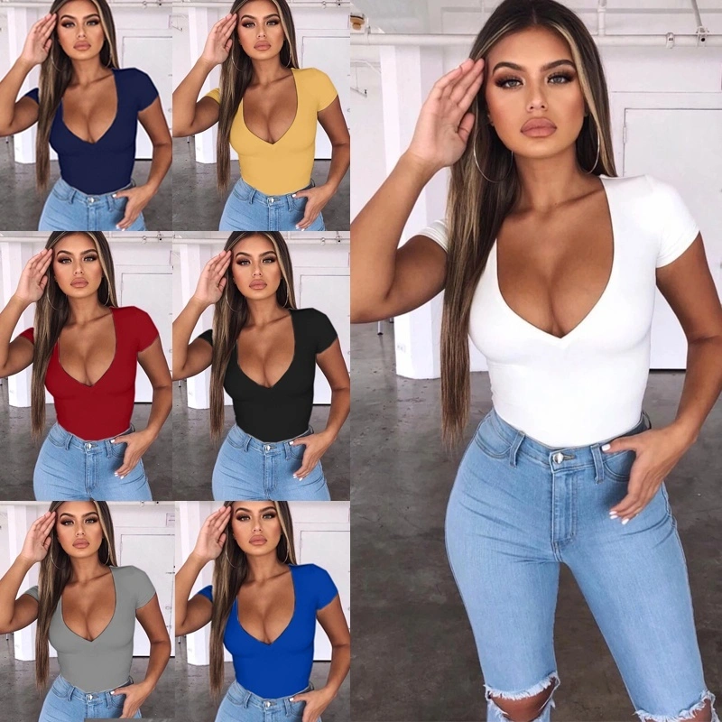 6 Colors 2020 NEW Summer  V-Neck Low Cut Shirts Women Fashion Casual Short Sleeve T-shirts Solid Color Slim Fit Tee Tops Cotton Elastic Top Blouse Plus Size S-5XL