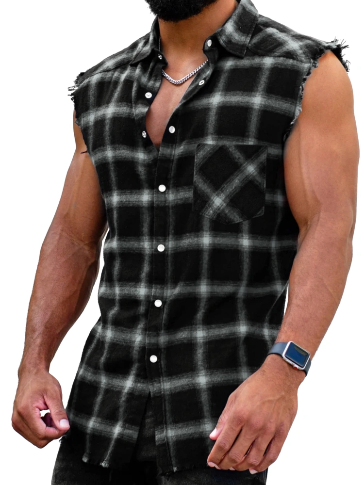 Men's Sleeveless Flannel Plaid Shirts Casual Button Down Cowboy Vest Shirts