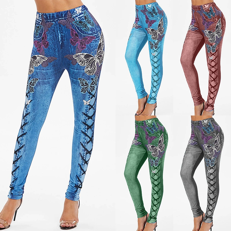 Women New Fashion Slim Faux Denim Skull Butterfly Print Skinny Jeggings Plus Size Elastic Halloween Legging