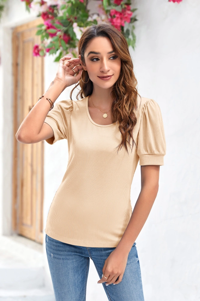 Saylife Casual Tops for Women Ribbed Fitted Shirts Scoop Neck Puff Short Sleeve Tee