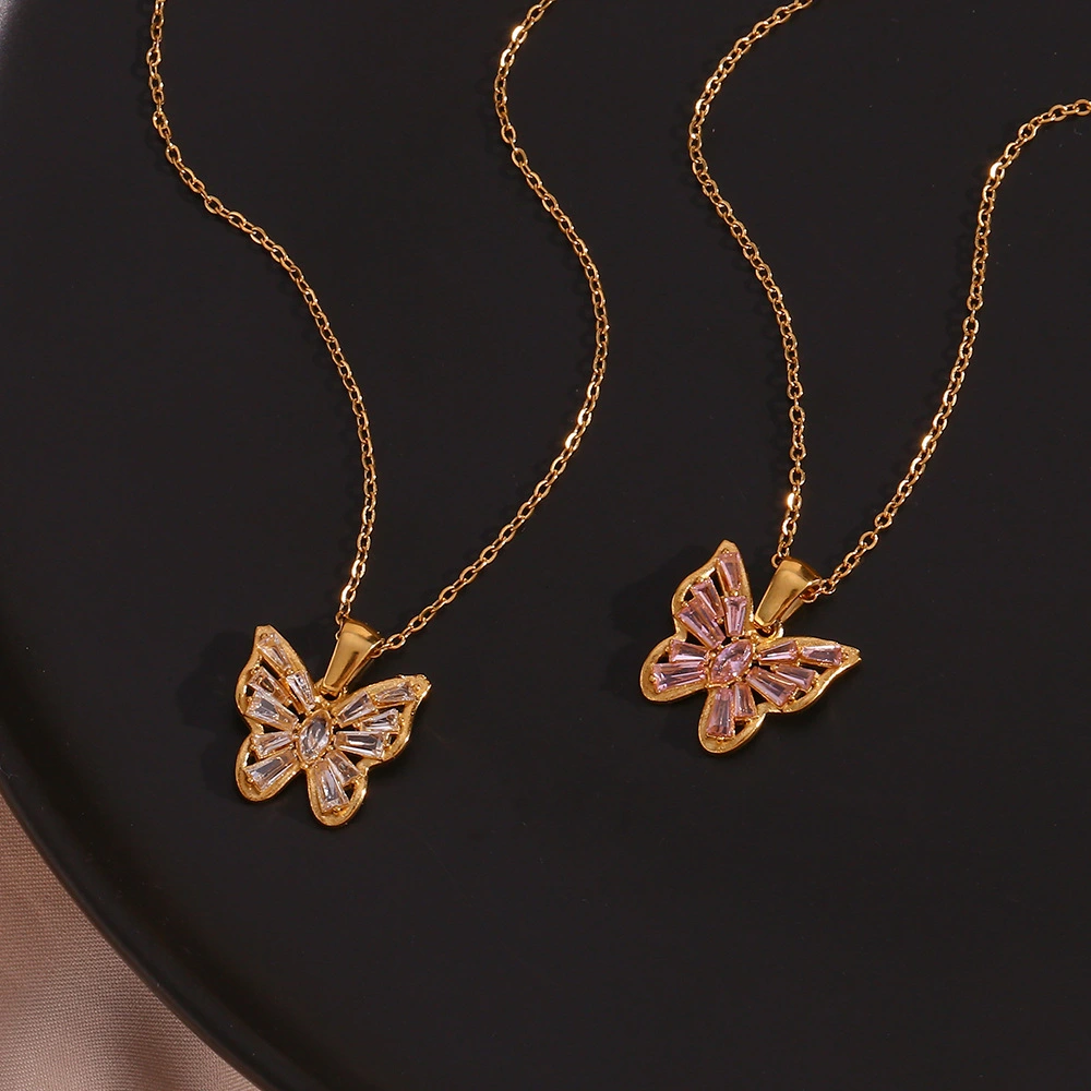 Stainless Steel Hollow Zircon Butterfly Pendant Necklace