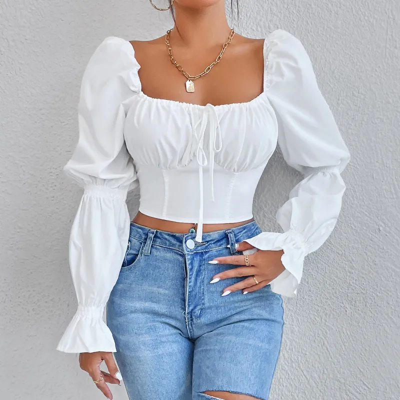 2023 spring and summer pure white long-sleeved chest tie back zipper sexy waist shirt