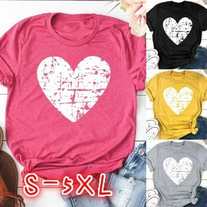 8 Color Women Fashion Solid Color Casual O-neck Short Sleeve T-shirt Cotton Printed Heart Loose Plus Size S-5XL