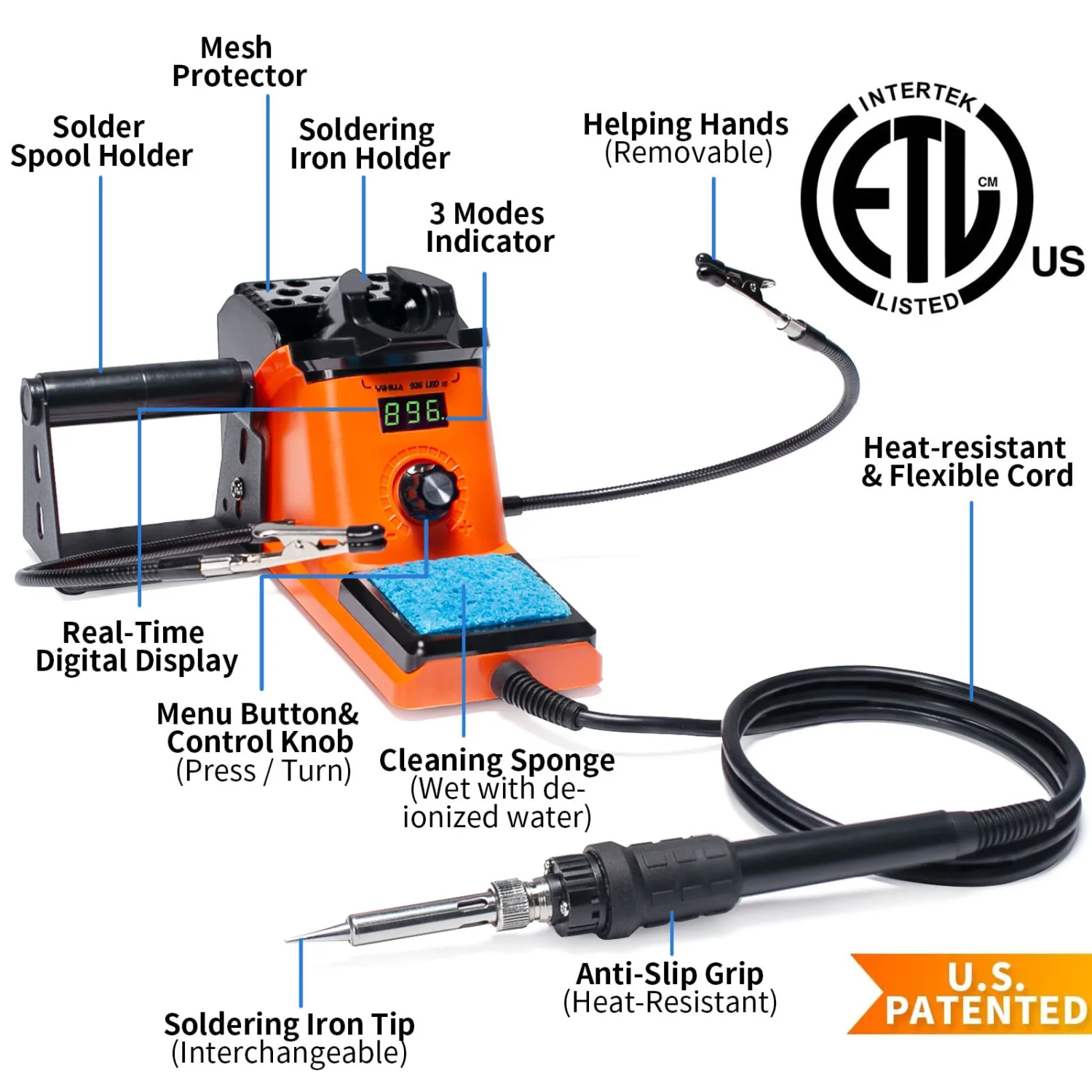YIHUA 926 III 60W LED Display Soldering Iron Station Kit w 2 Helping Hands, 6 Extra Iron Tips, Roll of Lead-Free Solder, Solder Sucker, S/S Tweezers, °C/ºF Conversion, Auto Sleep & Calibration Support