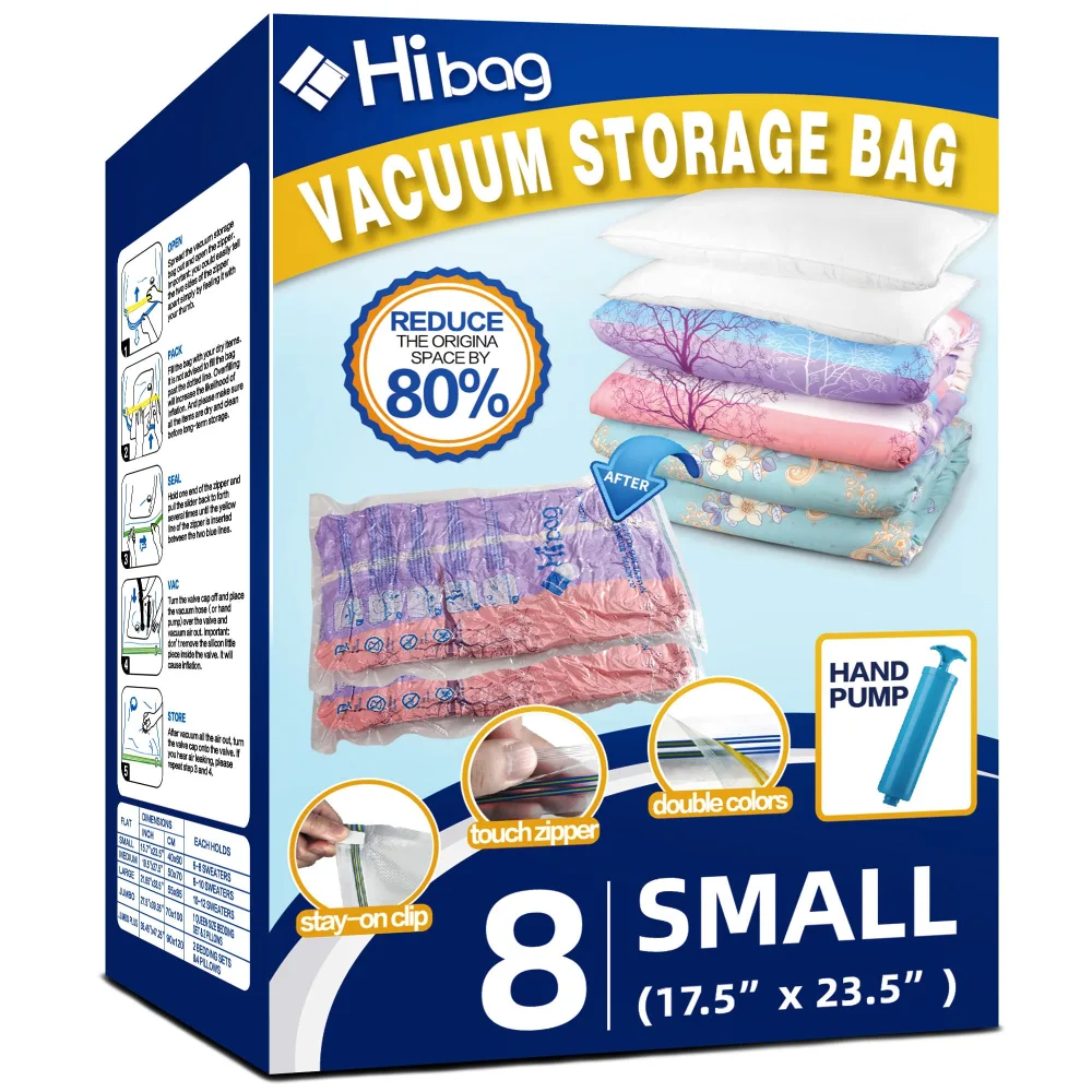 8 Small Vacuum Storage Bags for Clothes, Travel Space Saver Bags, Hand-Pump Included, Clear (8-Small)