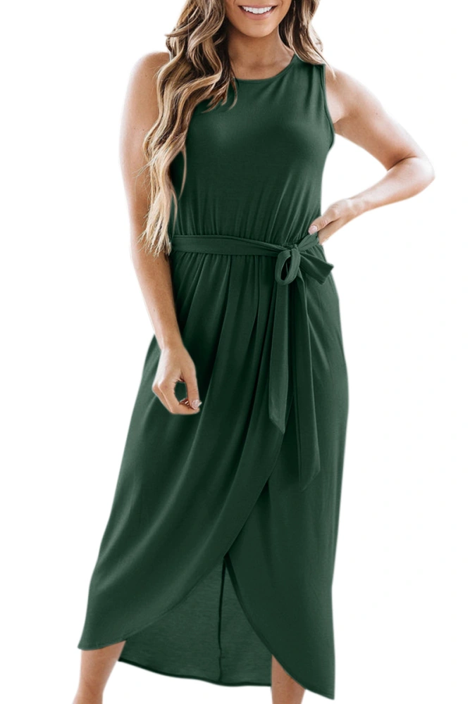 Foakwety Women's 2023 Summer Sleeveless Tank Dress Crew Neck Solid Color Tie Waist Split Casual Loose Midi Dresses