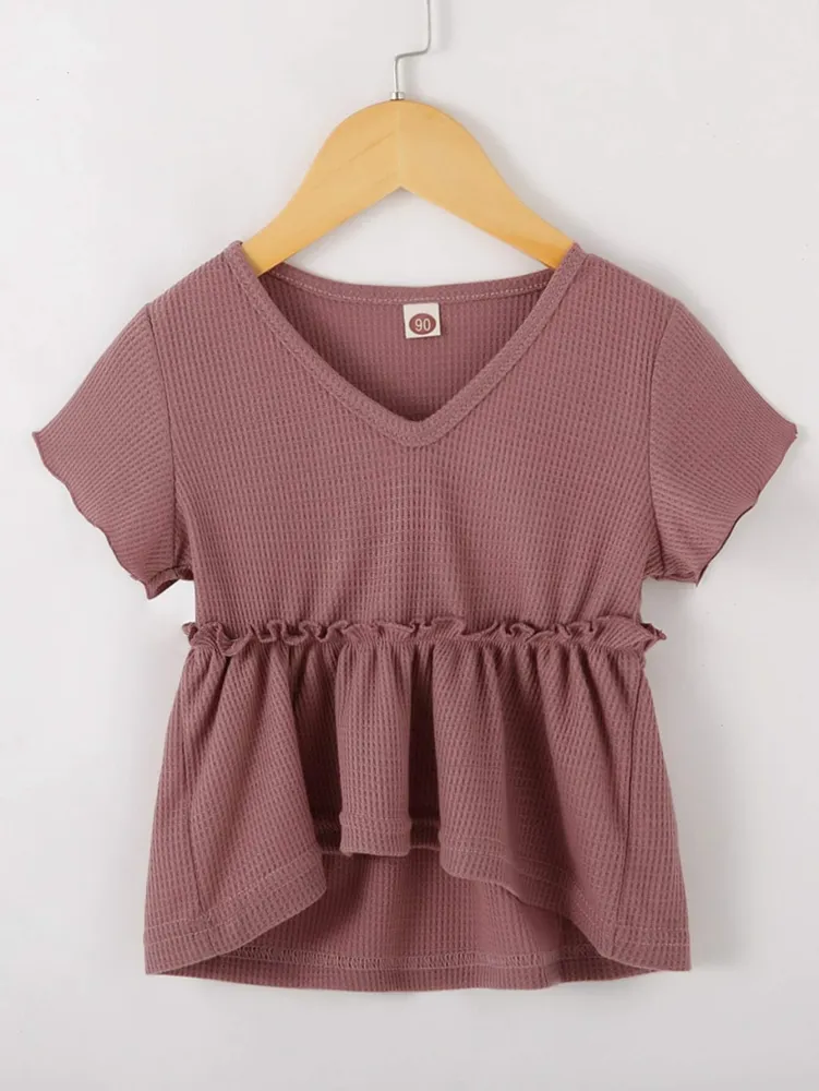 Girls Casual Tunic Tops Short Sleeve V Neck Blouse Loose T Shirts Cute Waffle Knit Ruffle Tee