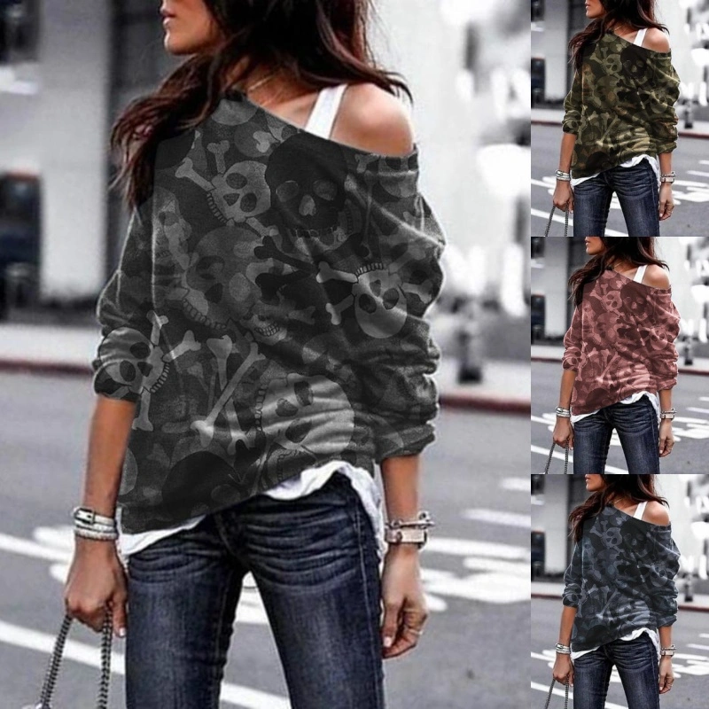 NEW Spring Autumn Women's Casual Sweatshirt Skull Printed Long Sleeve Off Shoulder Tops Blouse