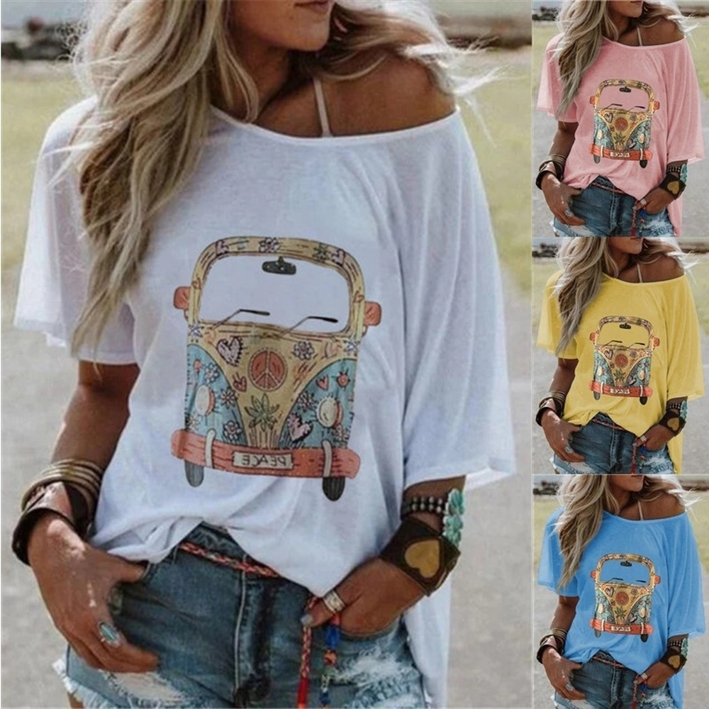 Plus Size Women Short Sleeve One Shoulder Round Neck Vintage Car Floral Casual Tops