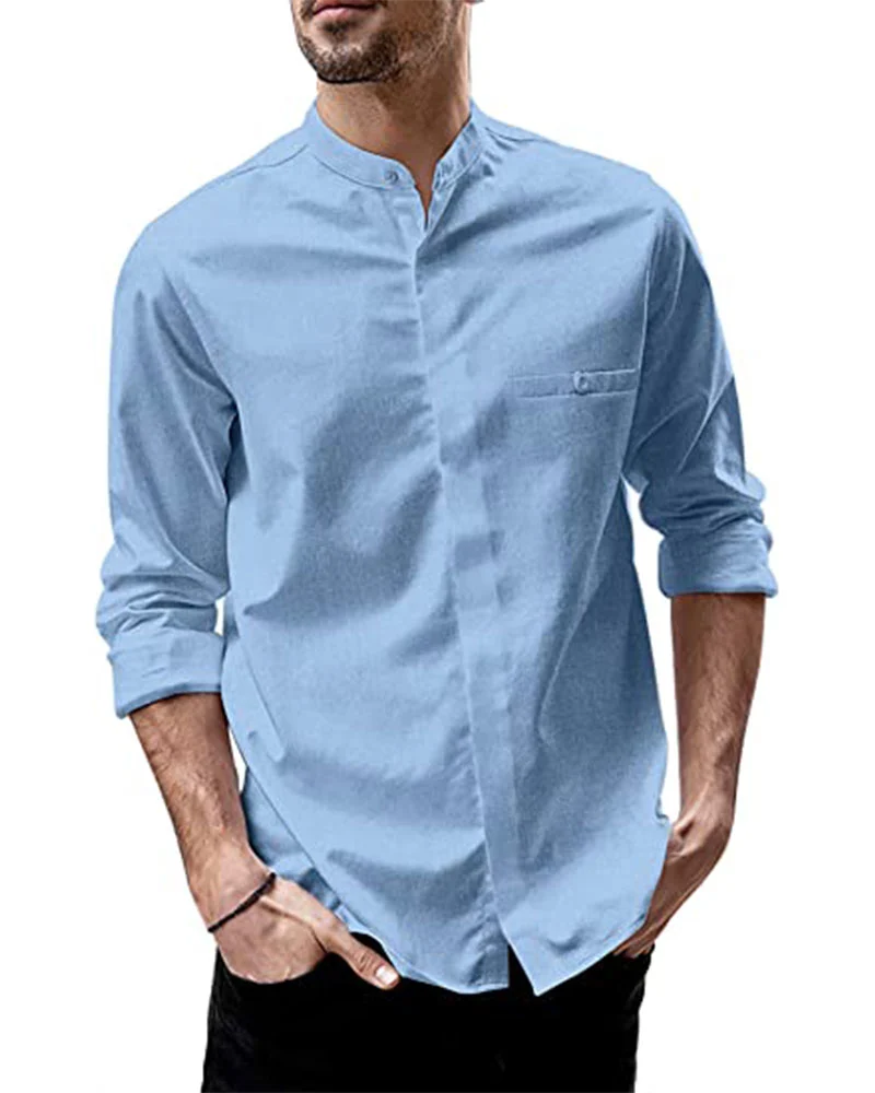 Vdnerjg Mens Casual Summer Button Down Shirt Long Sleeve Banded Collar Beach Yoga Shirts