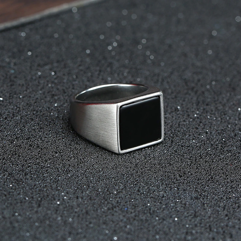 Quanxi Water Ornament Stainless Steel Epoxy Geometric Ring Steel Color Men's Ring Black Flat Geometric