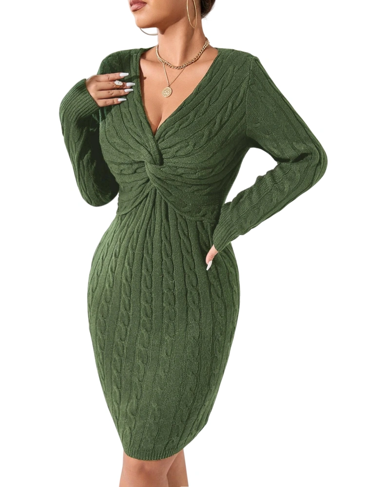 GeGekoko Womens V Neck Wrap Sweater Dresses Twist Front Cable Knit Elegant Bodycon Midi Dress