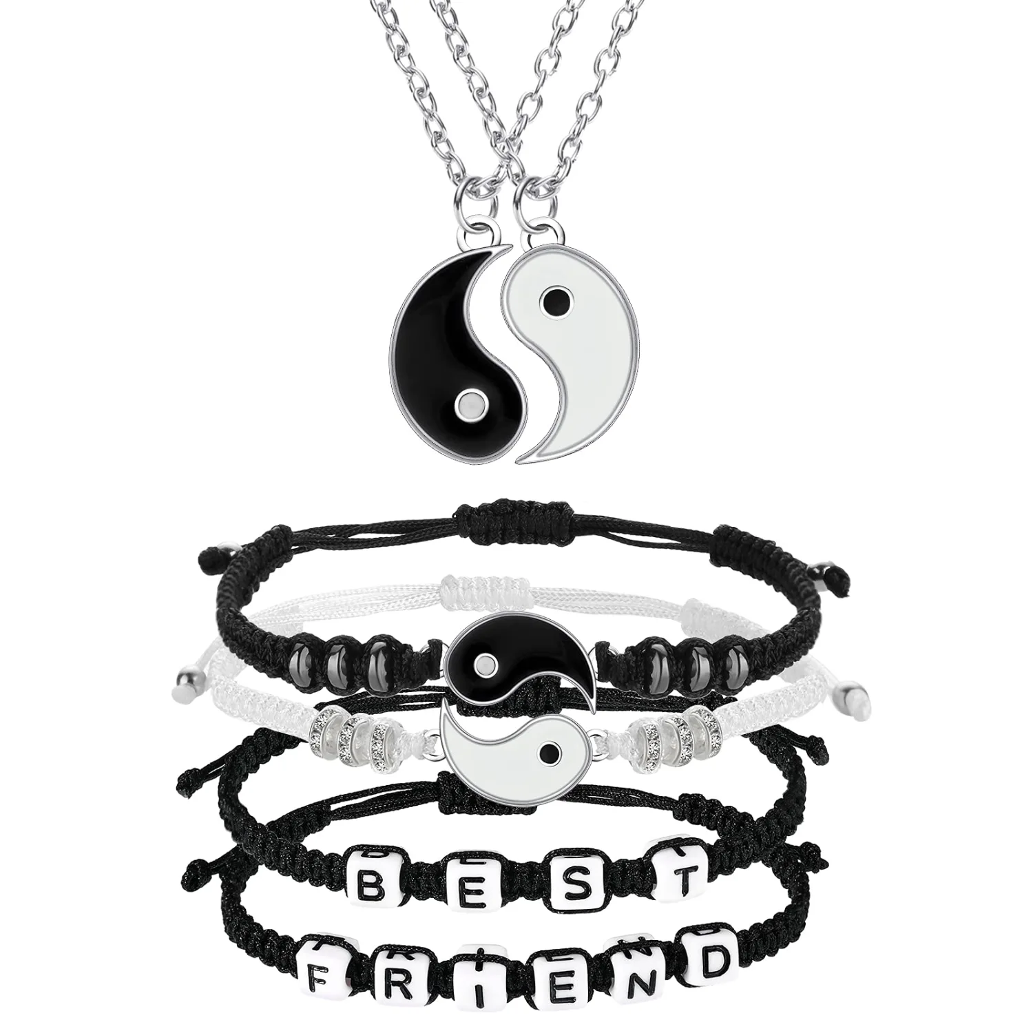 6 Pieces Matching Yin Yang Friend Couple Bracelets with Necklace Set, Adjustable Waterproof Handmade Cord Relationship Bracelets for Friendship Boyfriend Girlfriend