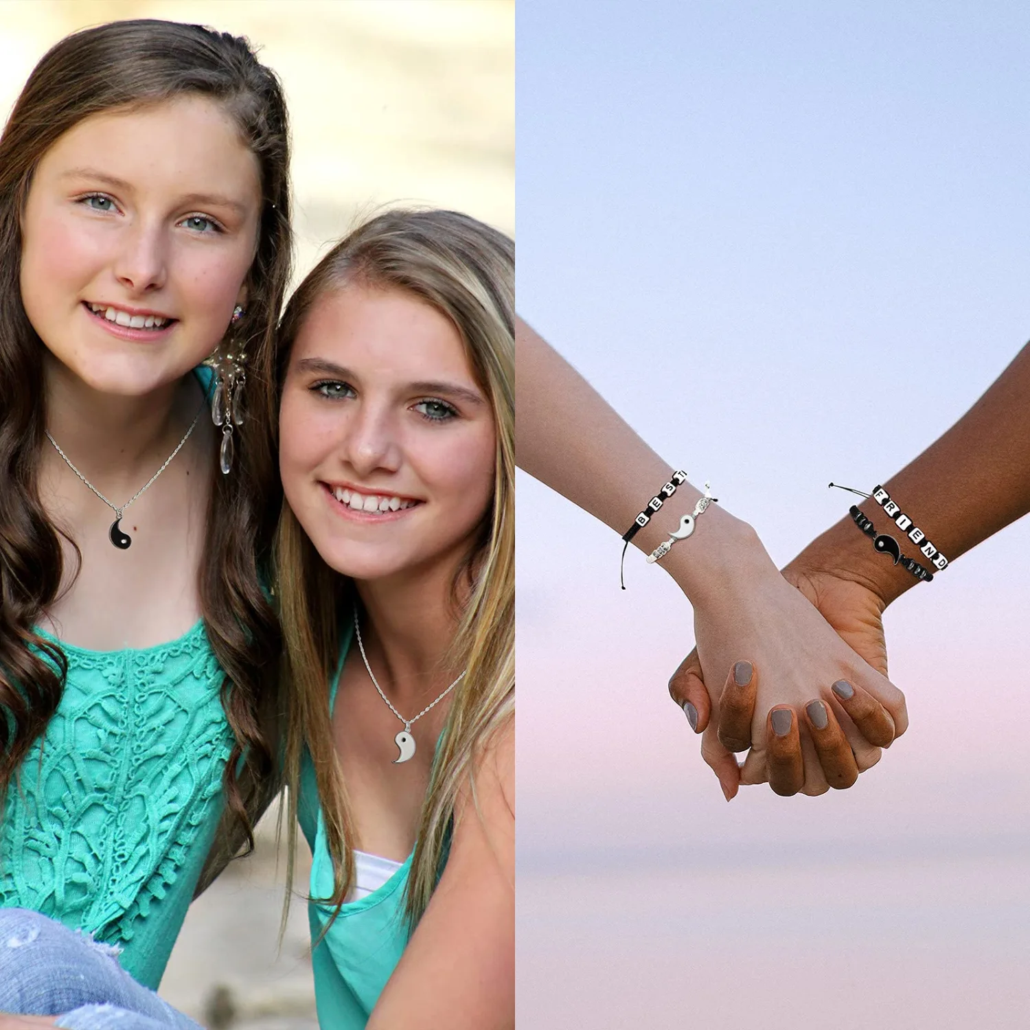 6 Pieces Matching Yin Yang Friend Couple Bracelets with Necklace Set, Adjustable Waterproof Handmade Cord Relationship Bracelets for Friendship Boyfriend Girlfriend