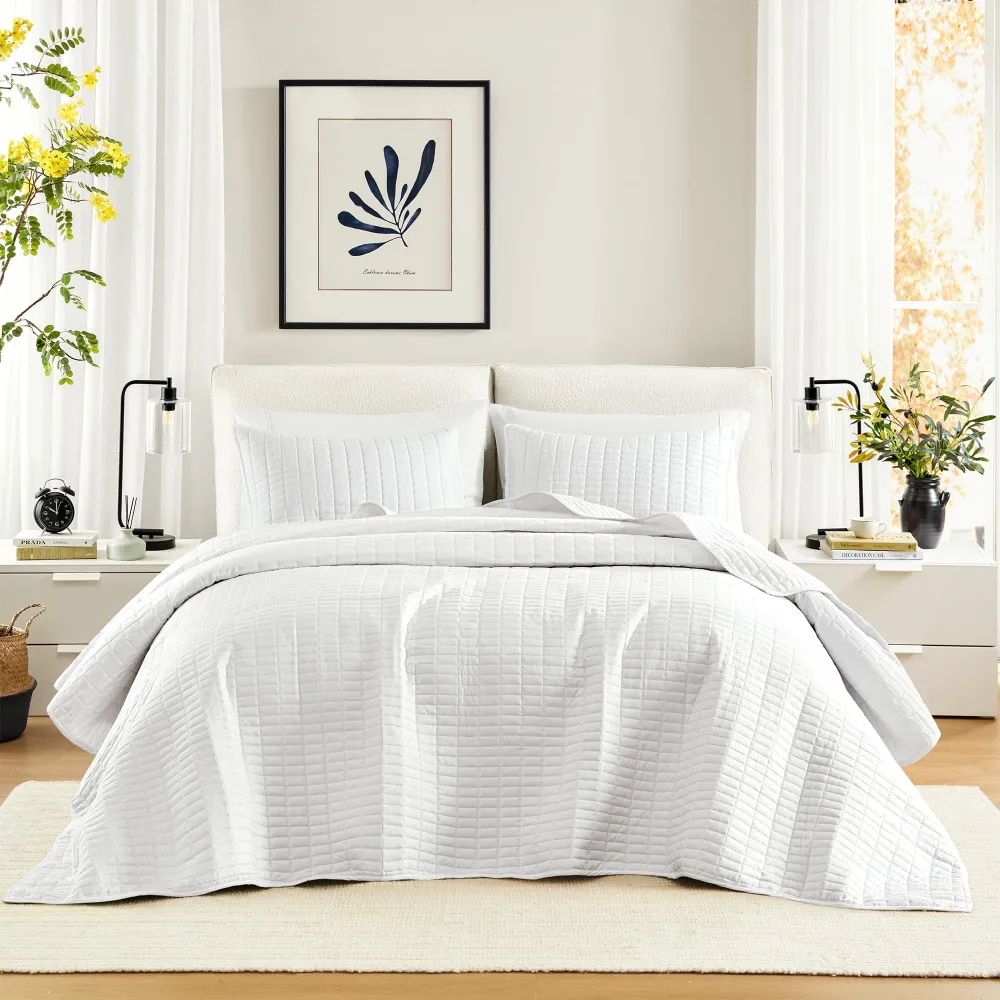 Comfort Spaces Queen Quilt-All Season Bedding, White Bedspread with Double Sided Stitching Design, Soft Summer Blanket Matching Shams Coverlet Kienna Collection (102"x118") 3 Piece