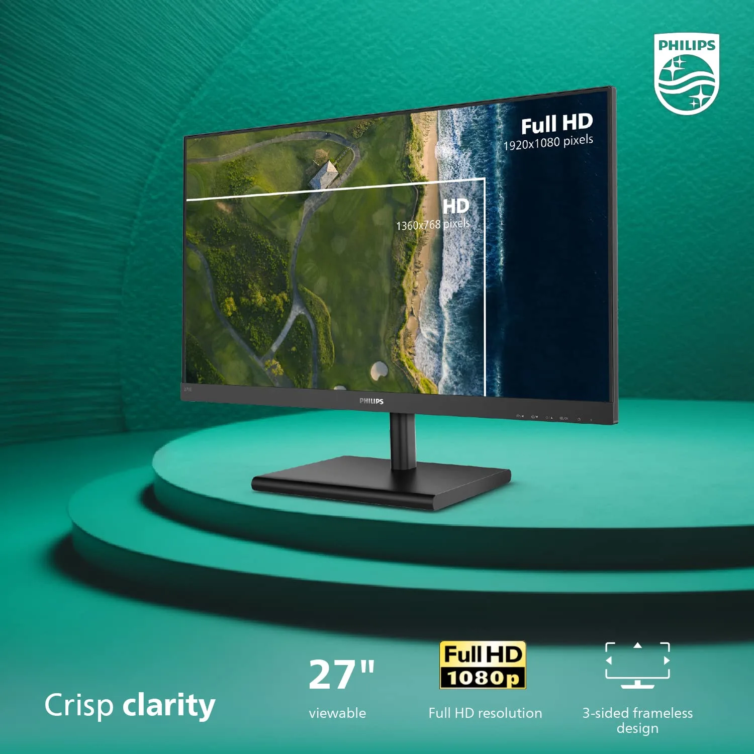 PHILIPS 271E1S 27" Frameless Monitor, Full HD IPS 1080P, 124% sRGB, FreeSync 75Hz, VESA, 4Yr Advance Replacement