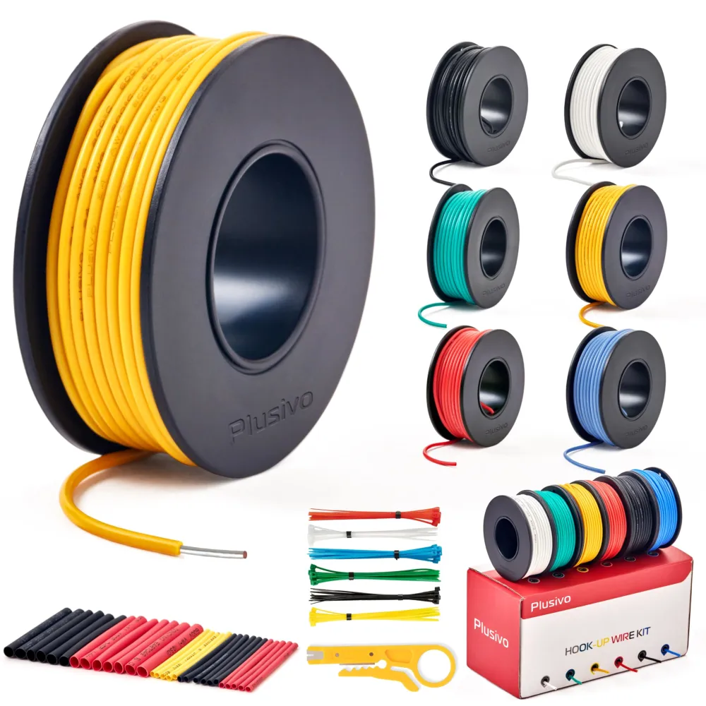 20 AWG Solid Core Wire Kit – 20 Gauge PVC Coated Copper Wires Pre-Tinned 23ft or 7m Each Spool, 6 Colors (Black, Red, Yellow, Green, Blue, White), Jumper Wire Hook Up Wire Kit from Plusivo