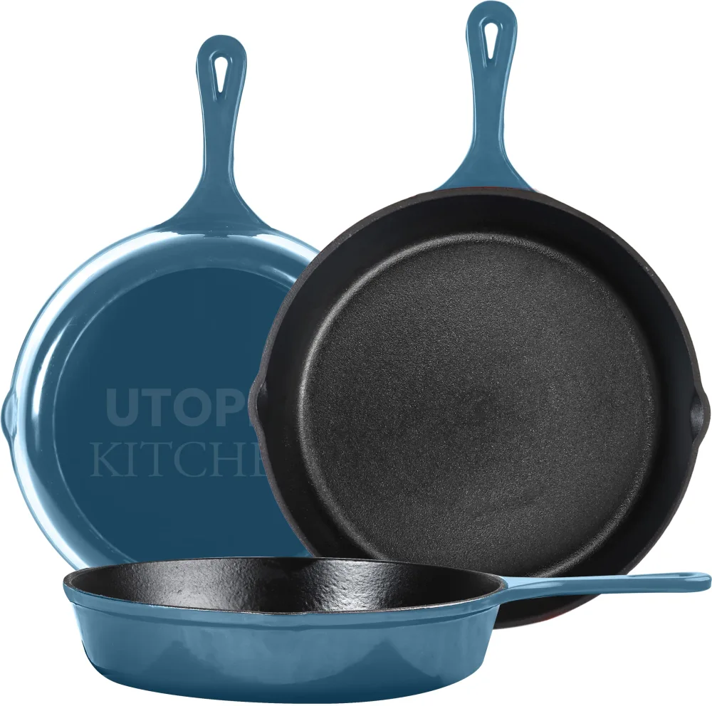 Utopia Kitchen Saute Fry Pan - Pre-Seasoned Cast Iron Skillet Set 3-Piece - Frying Pan - 6 Inch, 8 Inch and 10 Inch Cast Iron Set (Teal)