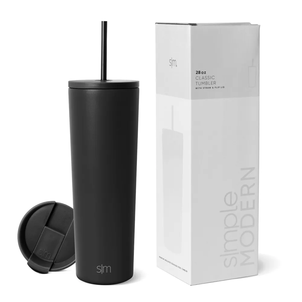 Simple Modern Insulated Tumbler with Lid and Straw | Iced Coffee Cup Reusable Stainless Steel Water Bottle Travel Mug | Gifts for Women Men Her Him | Classic Collection | 28oz | Midnight Black