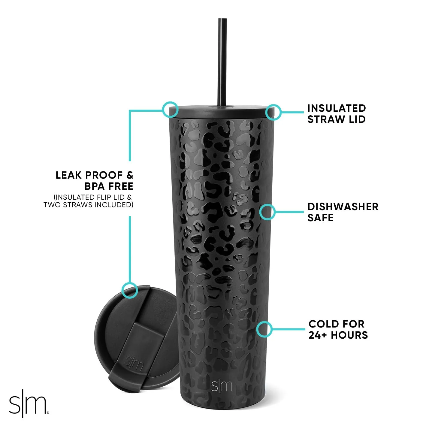 Simple Modern Insulated Tumbler with Lid and Straw | Iced Coffee Cup Reusable Stainless Steel Water Bottle Travel Mug | Gifts for Women Men Her Him | Classic Collection | 28oz | Black Leopard