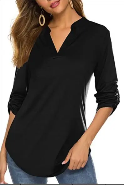 Pelixio Womens Roll Up 3/4 Sleeve Shirts V Neck Blouses Casual Elegant Henley Tunic Tops