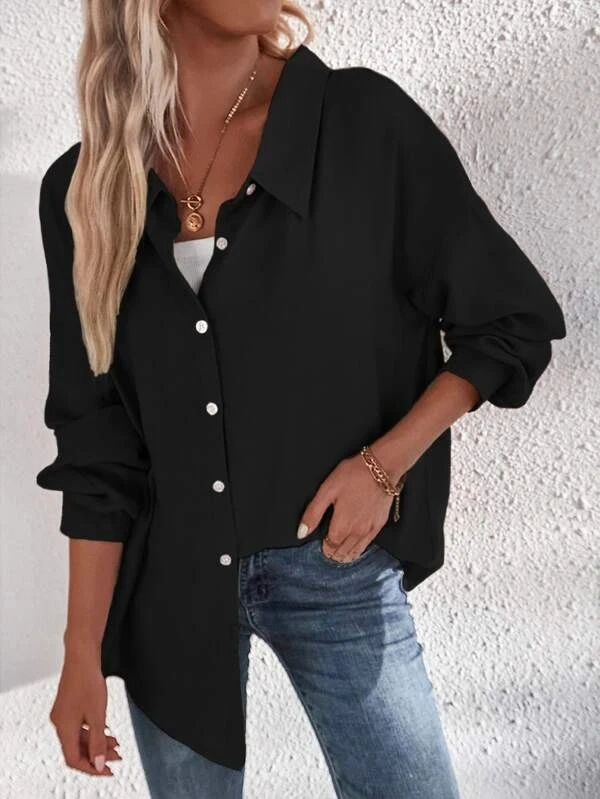 Jesilist Womens Oversized Button Down V Neck Shirts Casual Lantern Long Sleeve Chiffon Blouses Collared Shirt Work Plain Tops