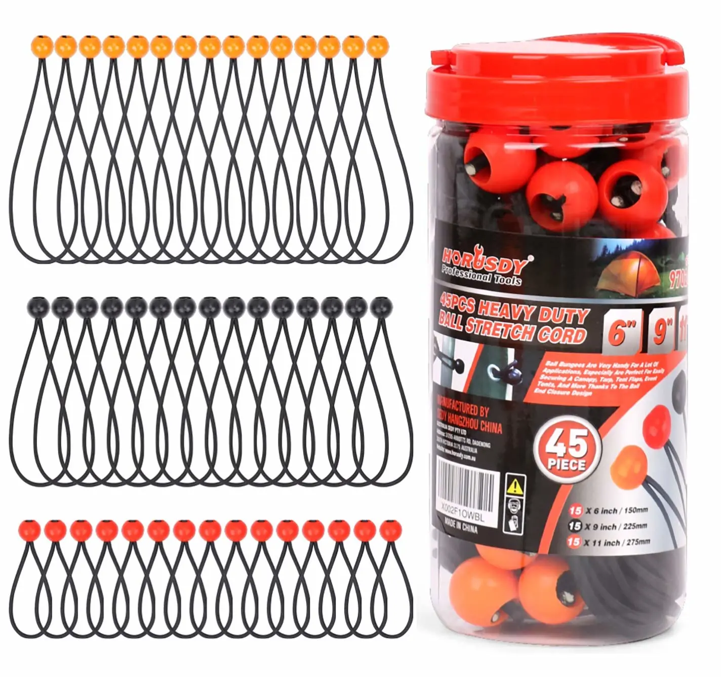 HORUSDY 45 Pack Ball Bungee Cords, Includes 6”, 9”, 11” Heavy Duty Gazebo Tarp Tie Down Cord.