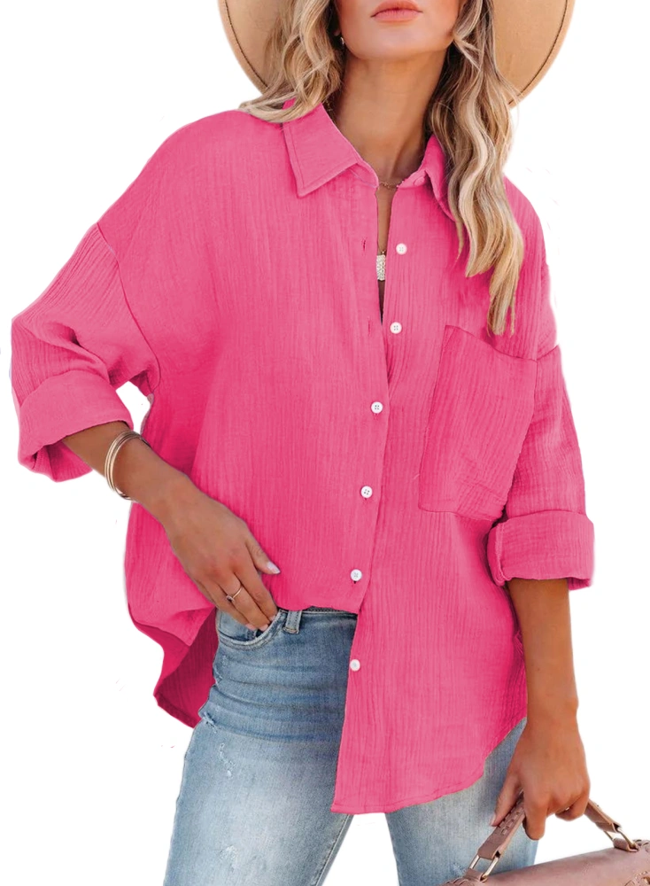 ONIRIKE Womens Long Sleeve Color Block Button Down Boyfriend Oversized Shirt Blouse Tops