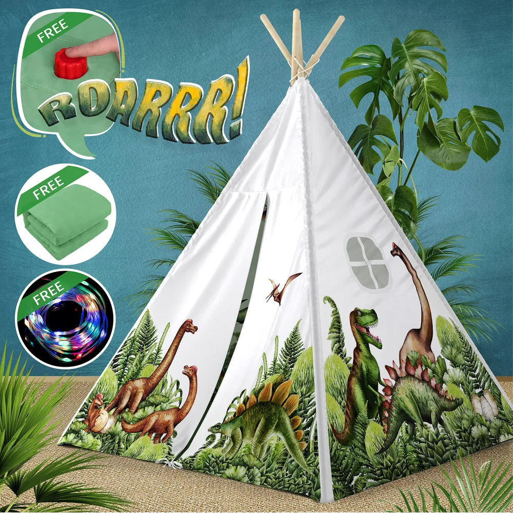 W&O Dinosaur Kids Teepee Tent with Roar Button, LED Lights & Plush Mat - The Most Stable Teepee Tent for Kids - Dinosaur Tent - Dinosaur Toys for Kids Play Tent - Kids Tent Indoor - Toddler Tent