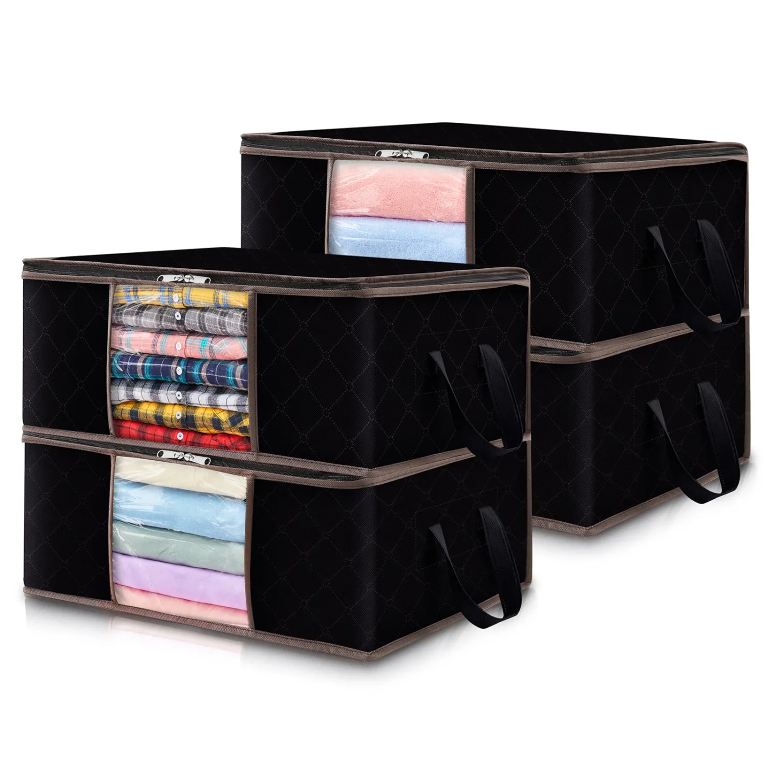 Lifewit 4-Pack Clothes Storage Bag, Foldable Storage Bins Closet Organizer with Reinforced Handle, Storage Containers With Sturdy Fabric Clear Window for Towel, Sweater, T-shirts, Black