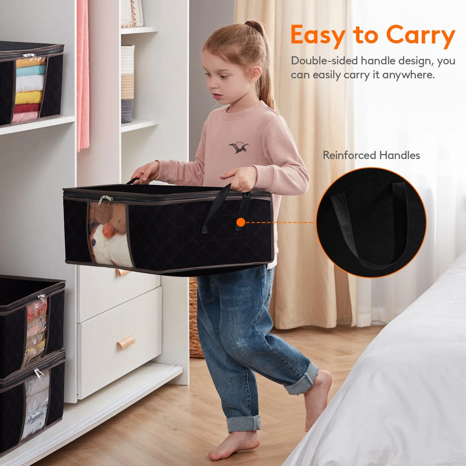 Lifewit 4-Pack Clothes Storage Bag, Foldable Storage Bins Closet Organizer with Reinforced Handle, Storage Containers With Sturdy Fabric Clear Window for Towel, Sweater, T-shirts, Black