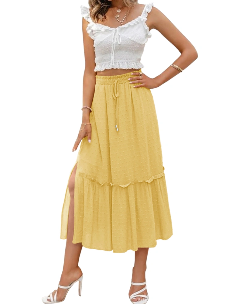 Women'Boho Elastic High Waist Skirt A Line Ruffle Split Flowy Swing Beach Midi Casual Maxi Polka Dot Dress with Pockets