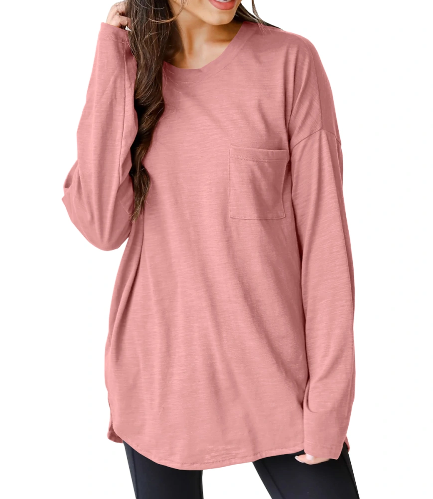 Wihion Women Oversized Long Sleeve T-Shirts Cotton Casual Crewneck Solid Tops with Pocket