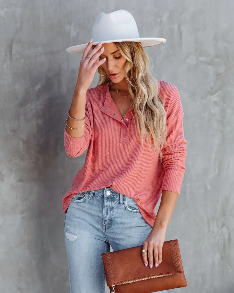 Women Henley Shirts Cute Tunics Long Sleeve Casual Buttons Down Plain Loose Fit Basic Blouses Ribbed Knit Top