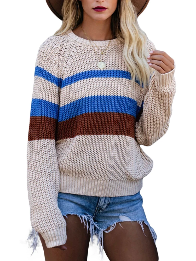 Damen Pullover Oversize Grobstrick Strickpullover Farbig Gestreift Sweatshirt L盲ssig Oberteile Tops