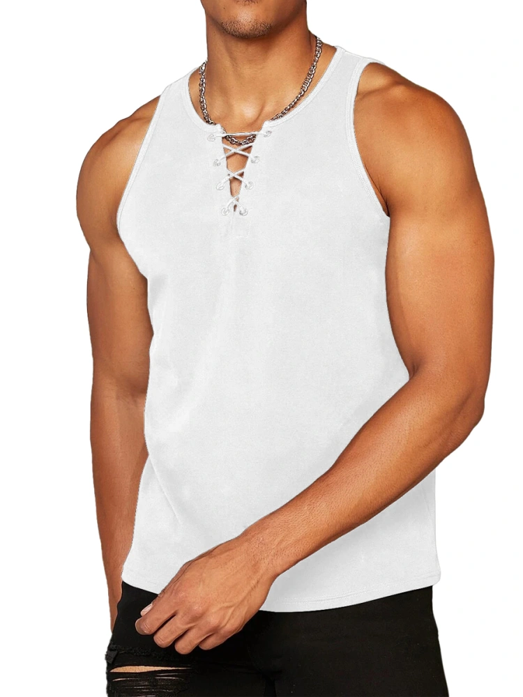 Dyexces Mens Cotton Linen Tank Top Casual Lace Up Criss-Cross Sleeveless Workout Muscle Shirts Top