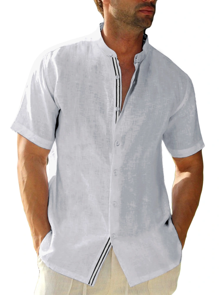 Hestenve Linen Cotton Casual Button Down Shirt Short Sleeve Beach Shirt Banded Collar Guayabera Camp Shirts Tops