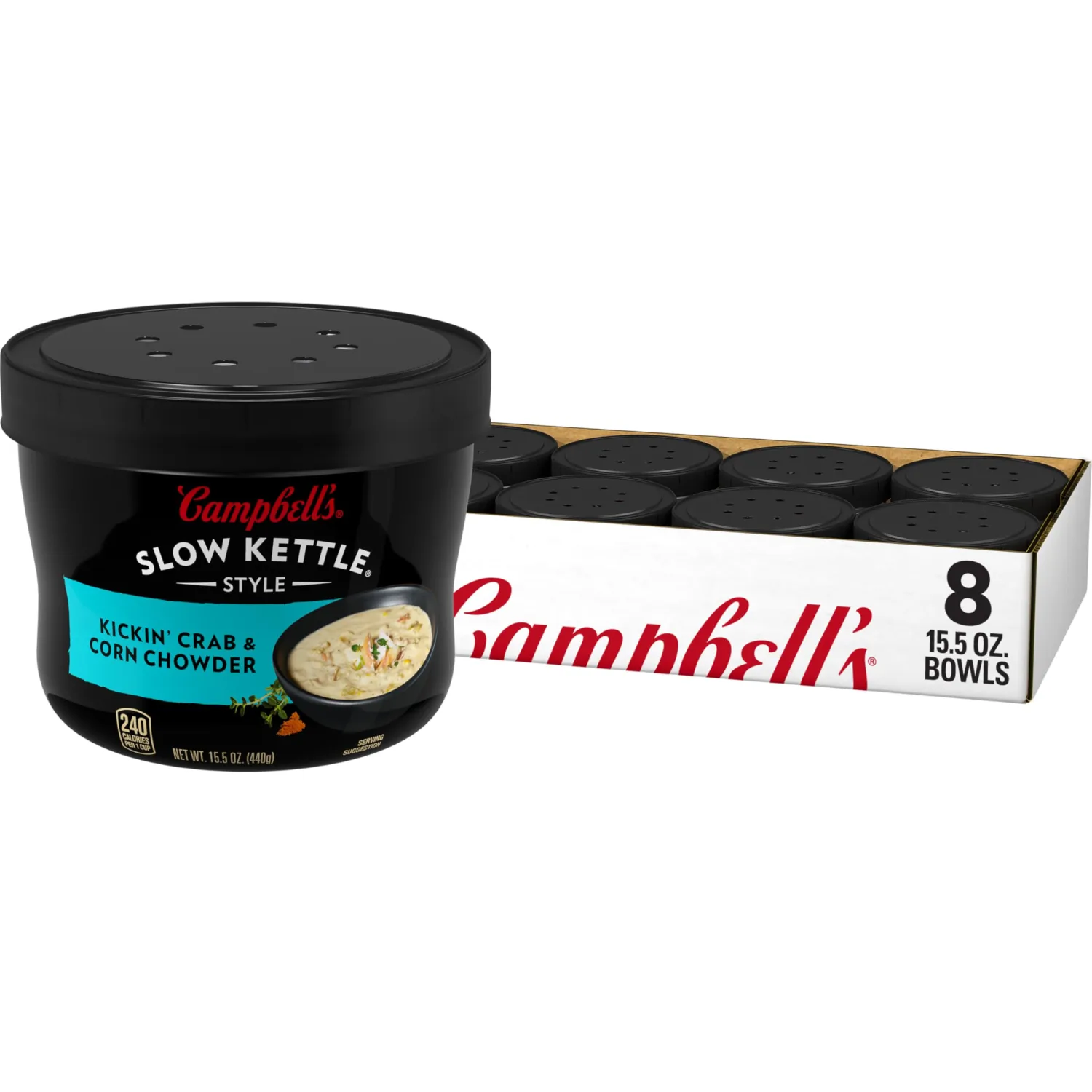 Campbell's Slow Kettle Style Kickinâ€™ Crab and Corn Chowder, 15.5 Ounce Microwavable Bowl (Pack of 8)