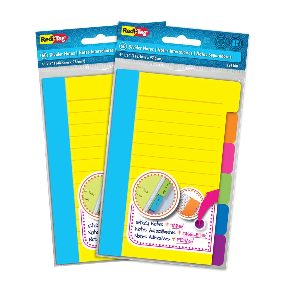 Redi-Tag Divider Sticky Notes, Tabbed Self-Stick Lined Notepads, Adhesive Notes for School, Home and Office, 120 Ruled Notes, 4" x 6", 2 Books Per Pack, Assorted Colors (B10290)