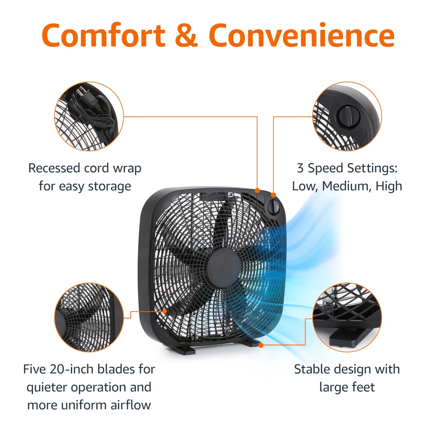 Amazon Basics 20-Inch Box Fan with Powerful Airflow, 3 Speeds, 5 Blades, Lightweight Design, 67 Watts, Black, 6.8 D x 20.86 W x 21.33 H in