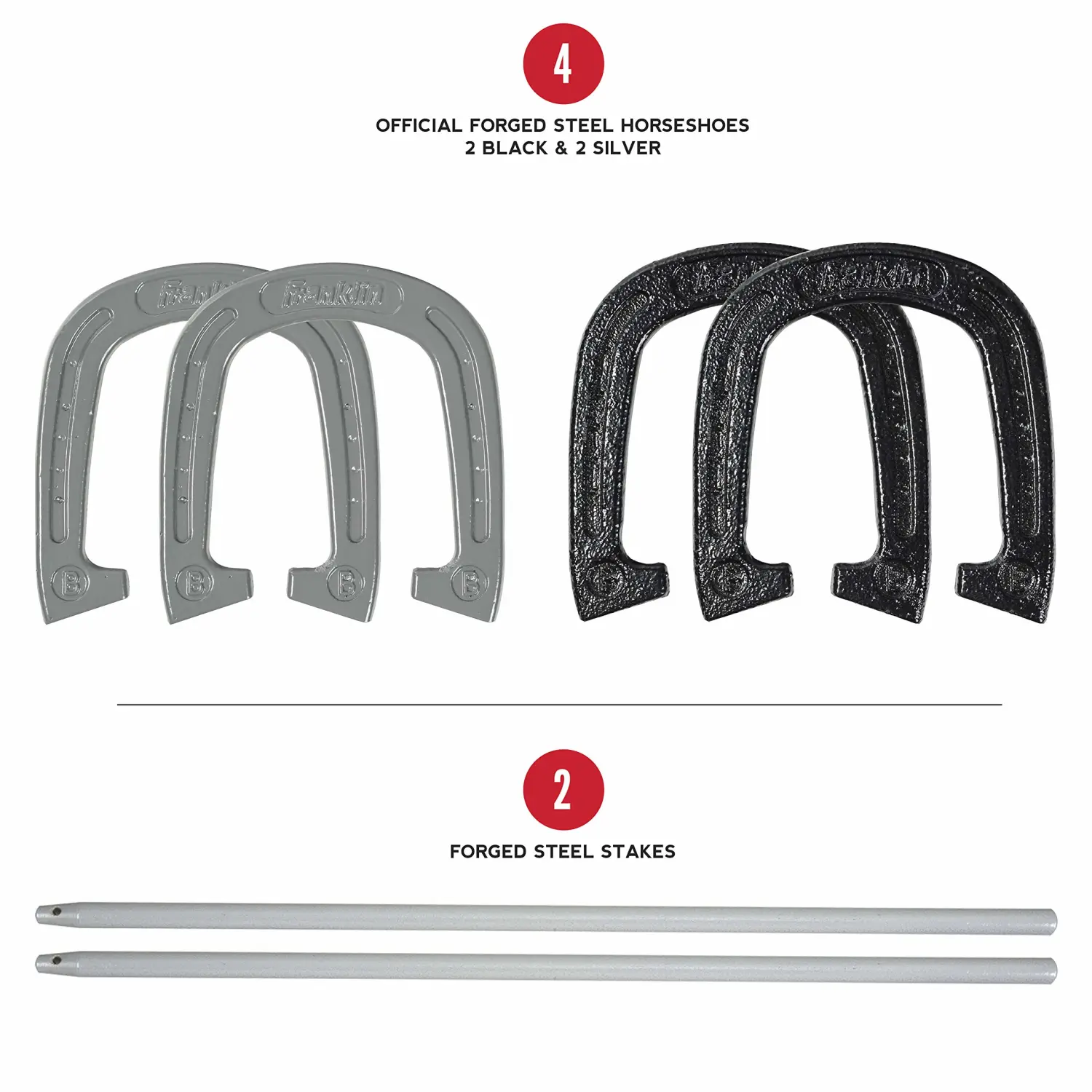 Franklin Sports Horseshoes Sets - Metal Horseshoe Game Sets for Adults + Kids - Official Weight Steel Horseshoes - Beach + Lawn Horseshoes Sets - Sets Include (4) Horseshoes and (2) Ground Stakes