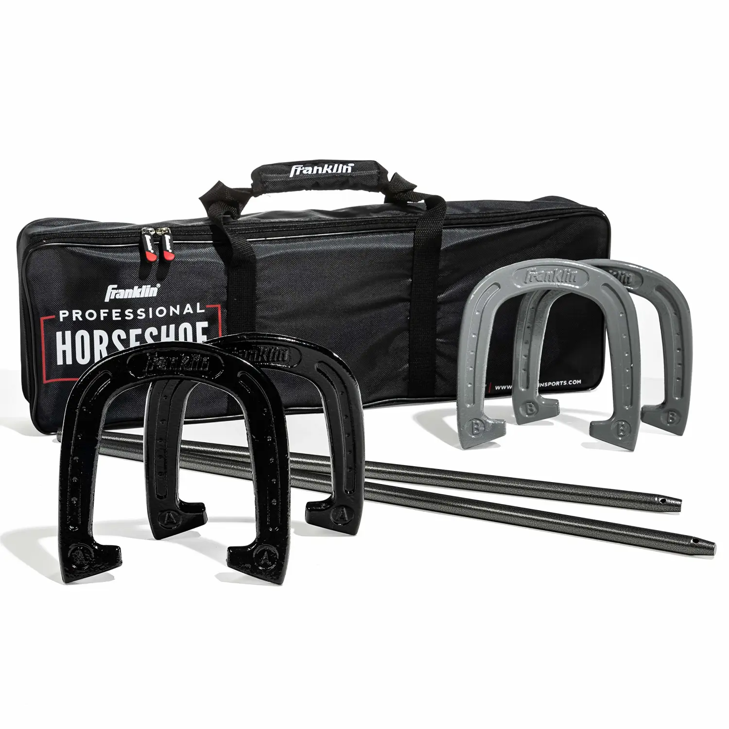 Franklin Sports Horseshoes Sets - Metal Horseshoe Game Sets for Adults + Kids - Official Weight Steel Horseshoes - Beach + Lawn Horseshoes Sets - Sets Include (4) Horseshoes and (2) Ground Stakes