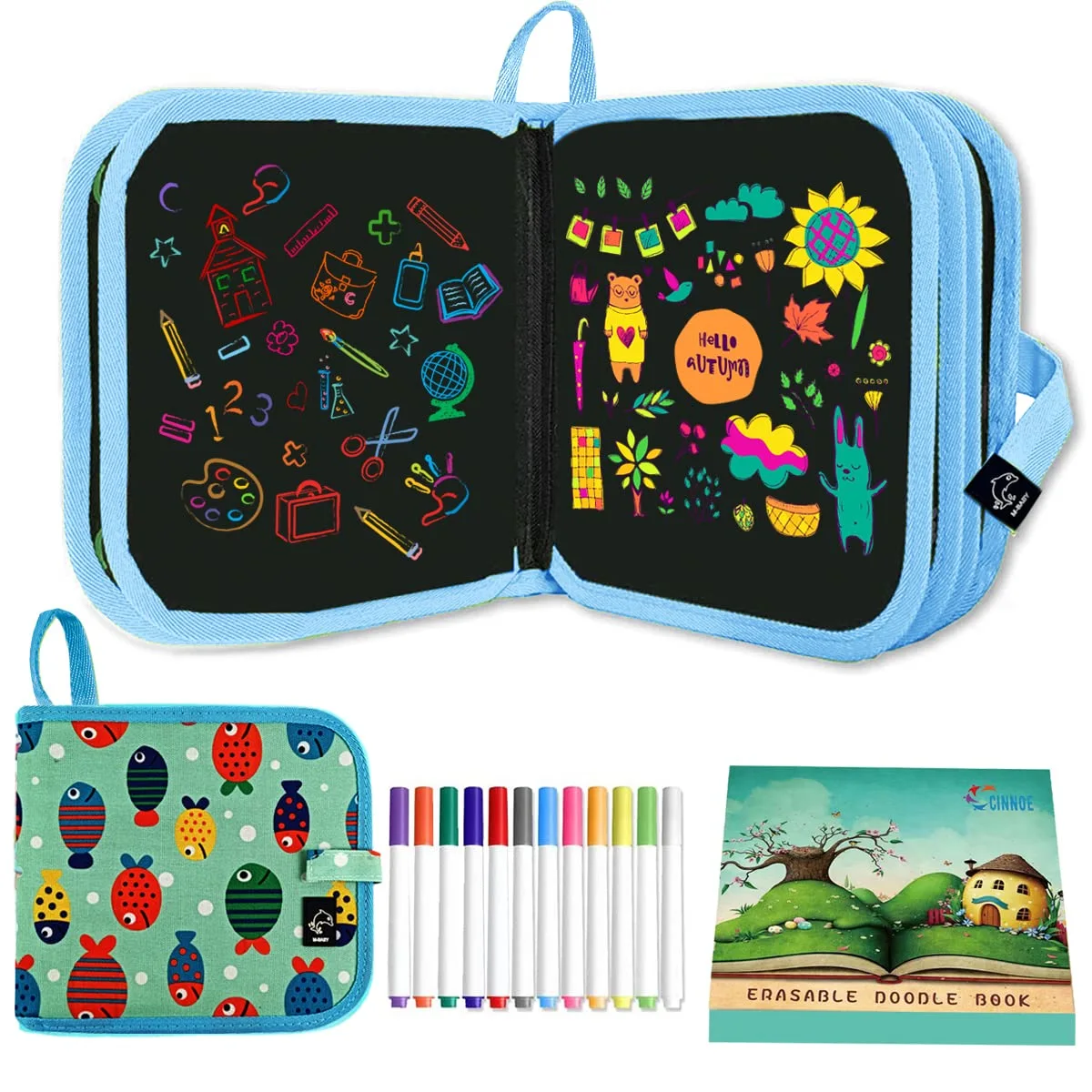 Erasable Doodle Book for Kids-Ccinnoe Toddlers Activity Toys Reusable Drawing Pads with 12 Watercolor Pens, Preschool Travel Art Toy, Road Trip Car Game Writing Painting Set
