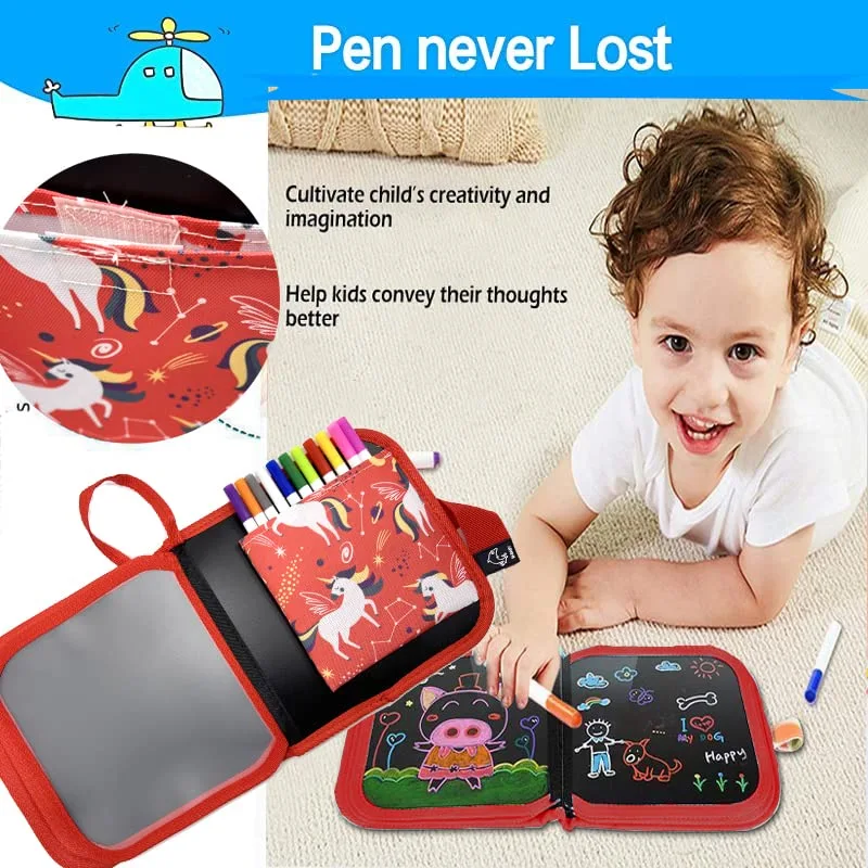 Ccinnoe Erasable Doodle Book for Kids-Toddlers Activity Toys Reusable Drawing Pads with 12 Watercolor Pens, Preschool Travel Art Toy, Road Trip Car Game Writing Painting Set