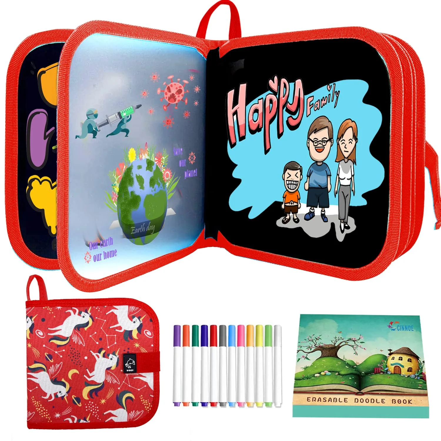 Ccinnoe Erasable Doodle Book for Kids-Toddlers Activity Toys Reusable Drawing Pads with 12 Watercolor Pens, Preschool Travel Art Toy, Road Trip Car Game Writing Painting Set