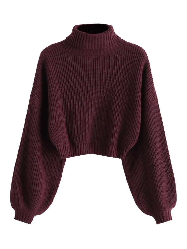 Womens Turtleneck Crop Pullover Sweaters Long Lantern Sleeve Elastic Ribbed Knit Casual Sweater Jumper Tops for Women