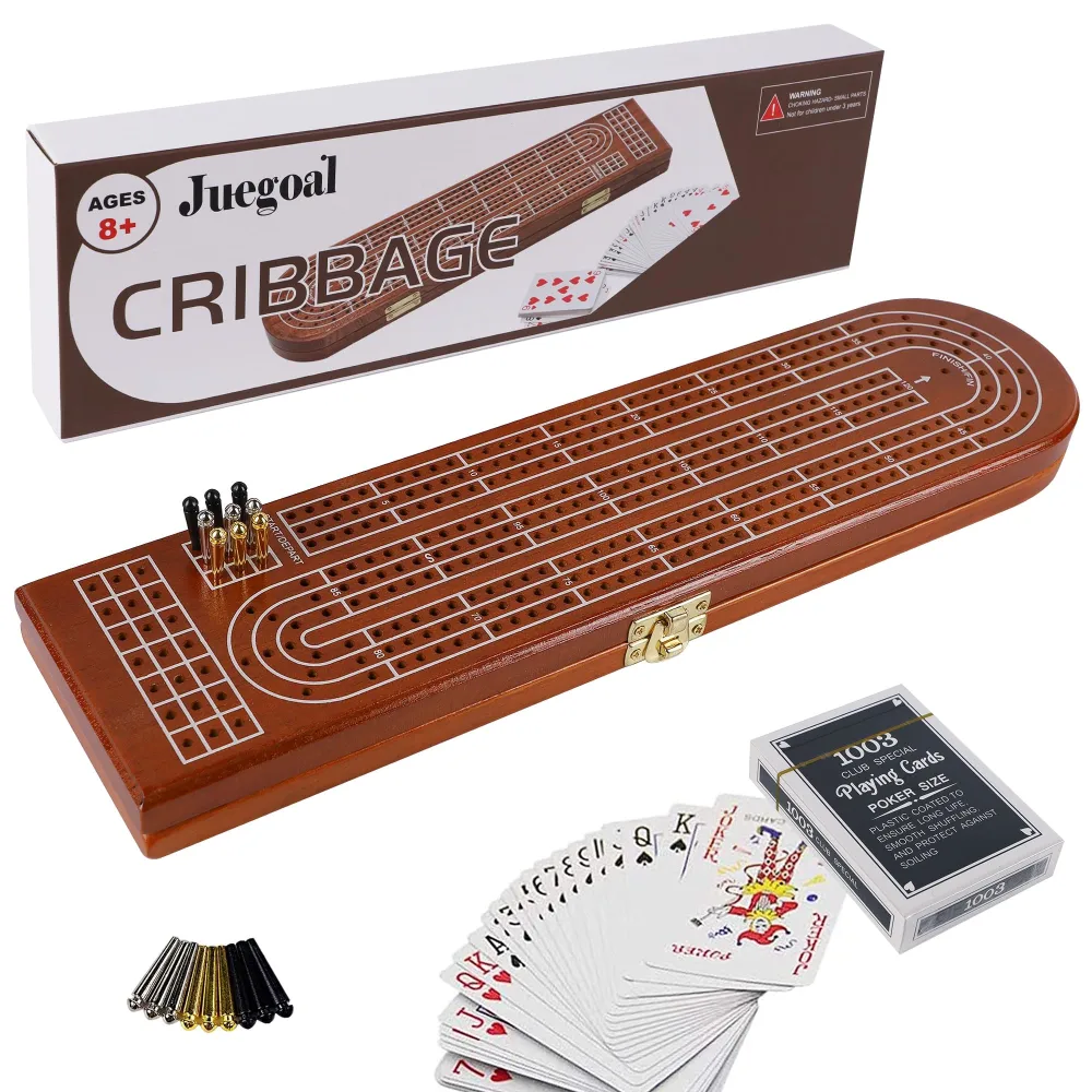 Juegoal Wood Cribbage Board Game Set 3 Tracks with Metal Pegs, Cards, Storage Area