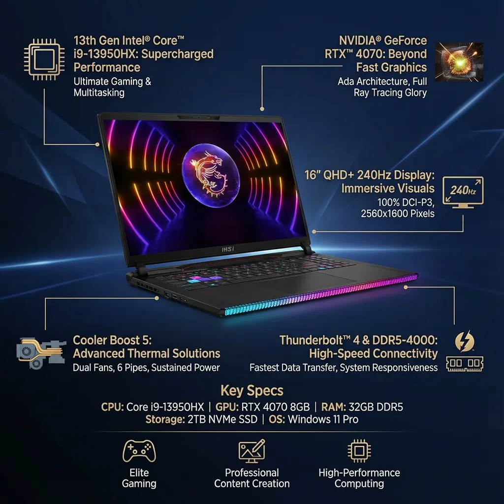 MSI Raider GE68Hx 16" QHD+ 240Hz Gaming Laptop: Intel Core i9-13950HX, RTX 4070, 32GB DDR5, 2TB NVMe SSD, Thunderbolt 4, USB-Type C, Cooler Boost 5, Win 11 Pro: Black 13VG-047US