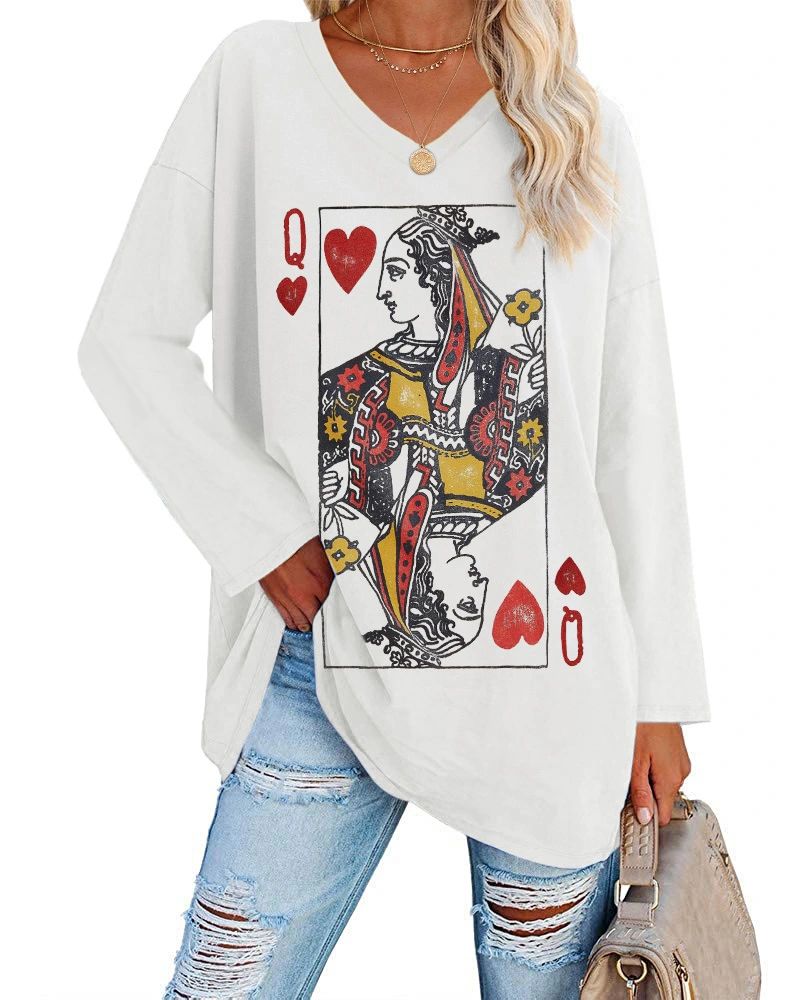 Womens Oversized Long Sleeve Queen Of Hearts Graphic T Shirts V Neck Casual Loose Fit Tees Tunic Tops