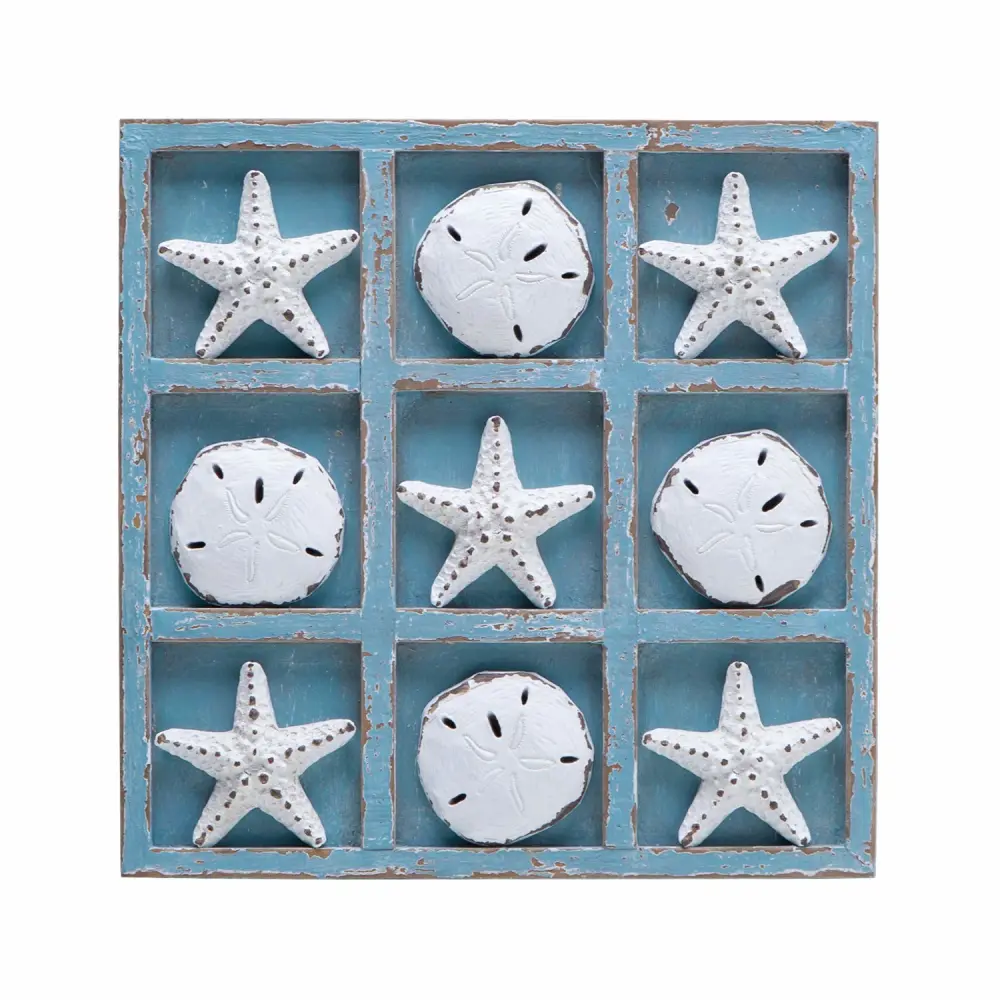 NIKKY HOME Beach Decor Tic Tac Toe Wood Board Travel Game for Family Starfish Sand Dollar Coastal House Coffee Tables Decor, 8.98 by 8.98-in Rustic Blue